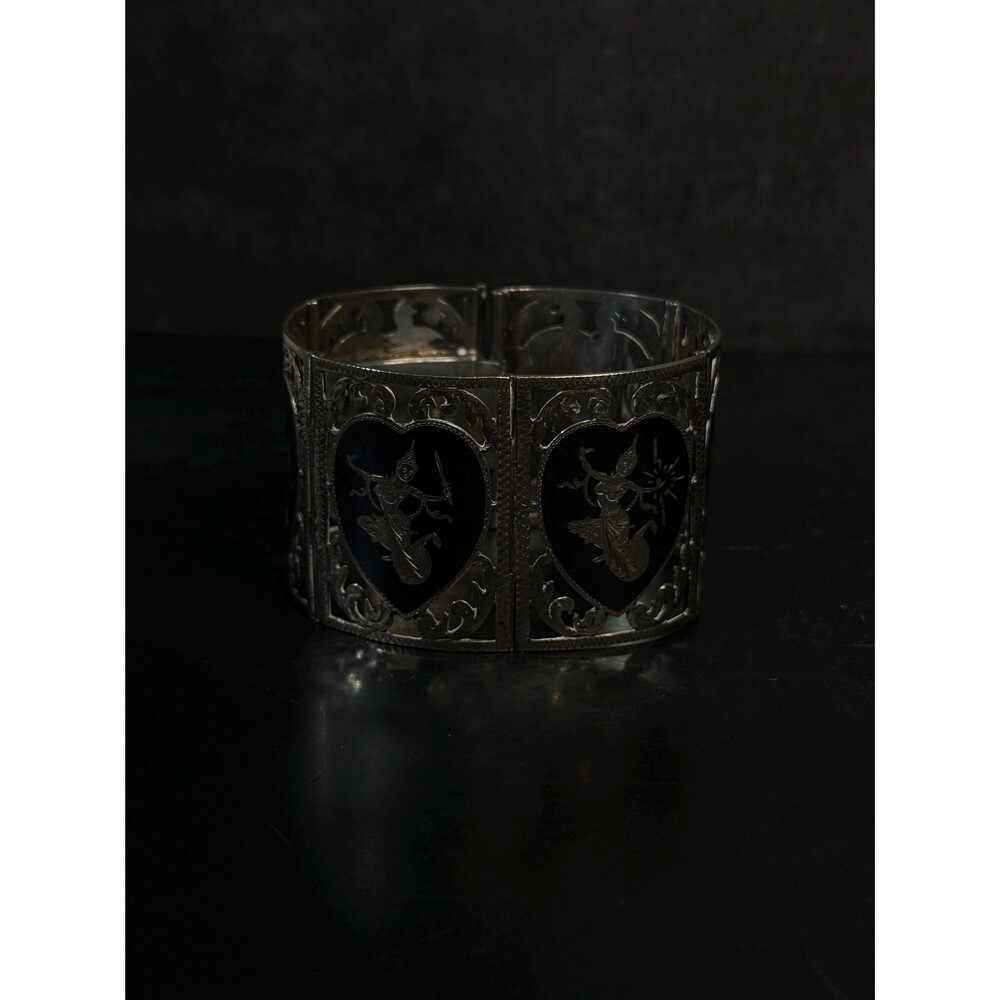 Vintage Siam Sterling Silver Dancing Goddess Niello Heart Panel Bracelet 58.3g